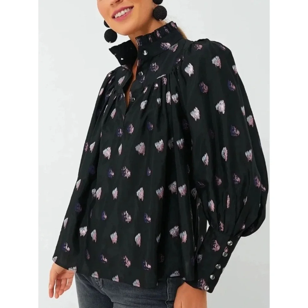 Tuckernuck Corrigan Blouse XXXL Black Pink Blurred Dot Fil Coupe Puff Sleeve